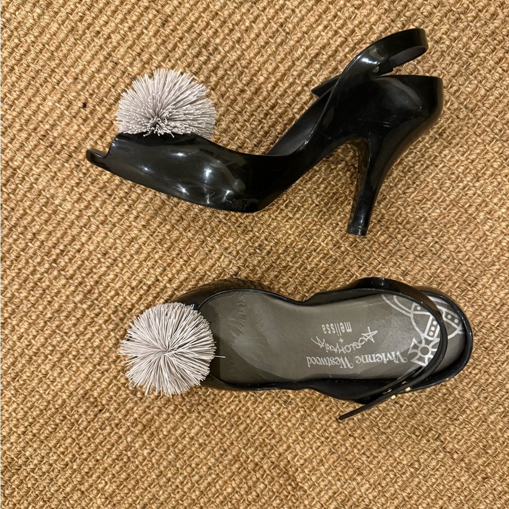 Vivienne Westwood Black Heels with Gray Pom Pom